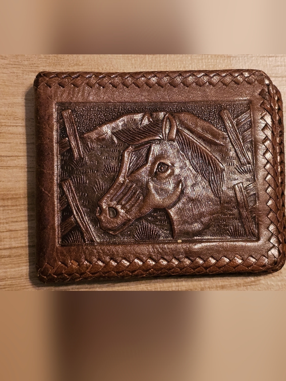 Vintage Tooled Leather Bifold Wallet Hand Crafted Horse Equestrian Brown Laced
